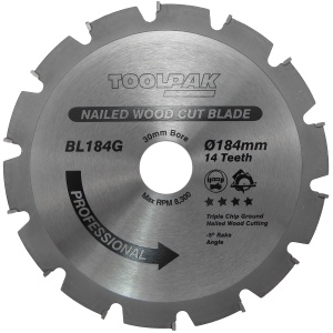 184mm x 30mm x 14T Nailed Wood TCT Saw Blade