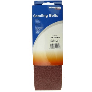 75mm x 533mm Sanding Belt 80 Grit Display Pack of 3